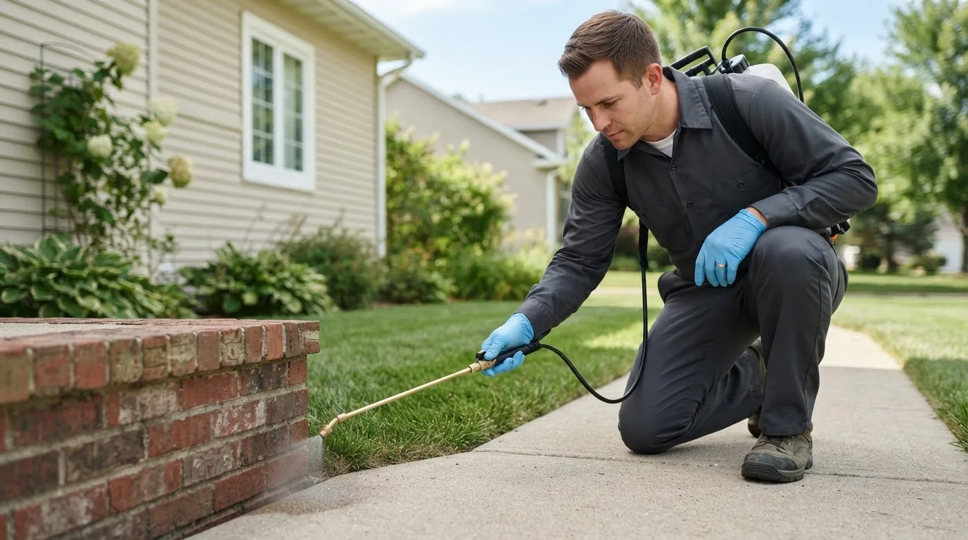 Pest control technician treating a home near Macksburg, OH