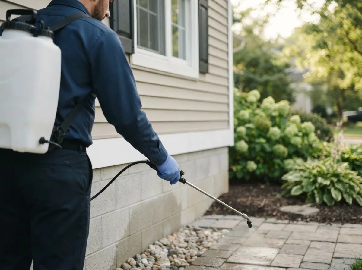 Pest control technician inspecting a home in Macksburg, OH